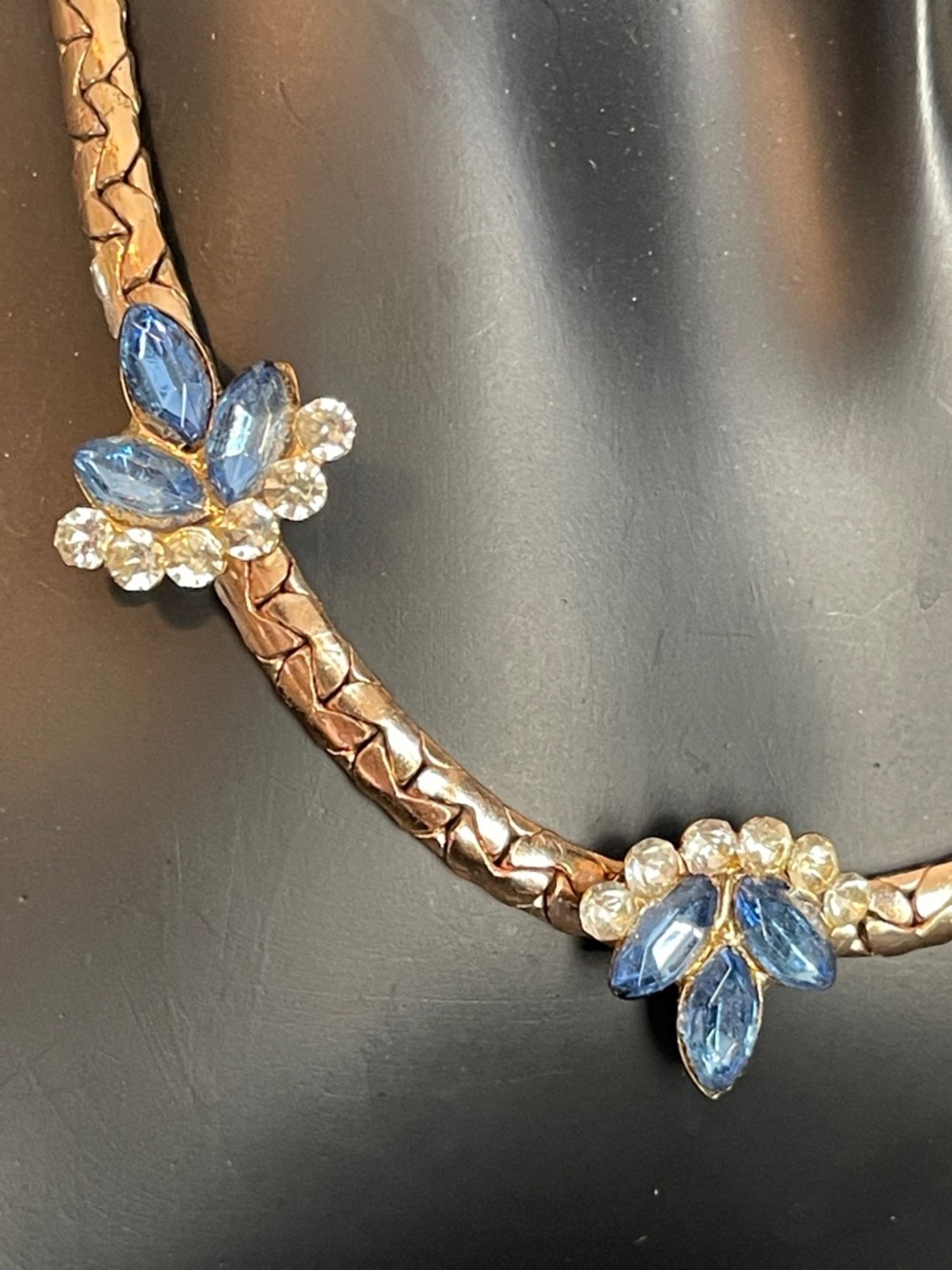 Vintage Gold Plated Blue & Clear Rhinestone Matching Necklace/Earring Set - Picture 4 of 10